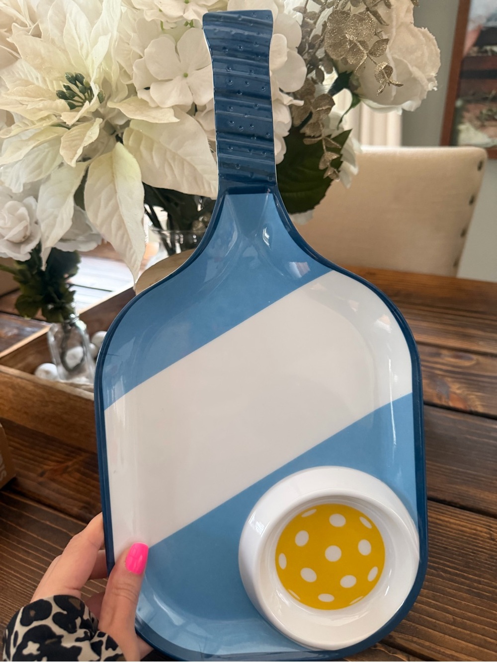 Melamine Blue and White Pickleball Serving Platter with Polka Dot Dip Bowl